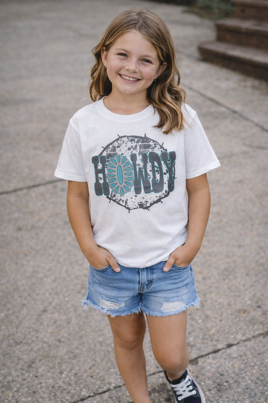 Howdy Turquoise Concho Graphic on Gildan Softstyle White Shirt – Graphic Tee, Long Sleeve & Crewneck.
