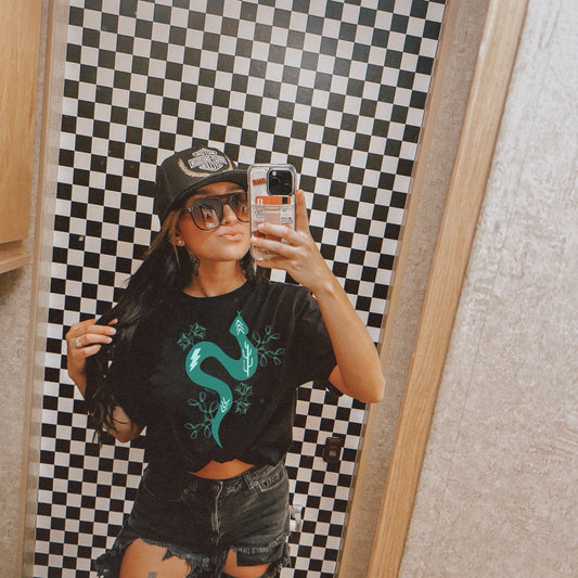 Turquoise Western Snake Graphic Shirt on Gildan Softstyle Black Shirt – Graphic Tee, Long Sleeve & Crewneck.